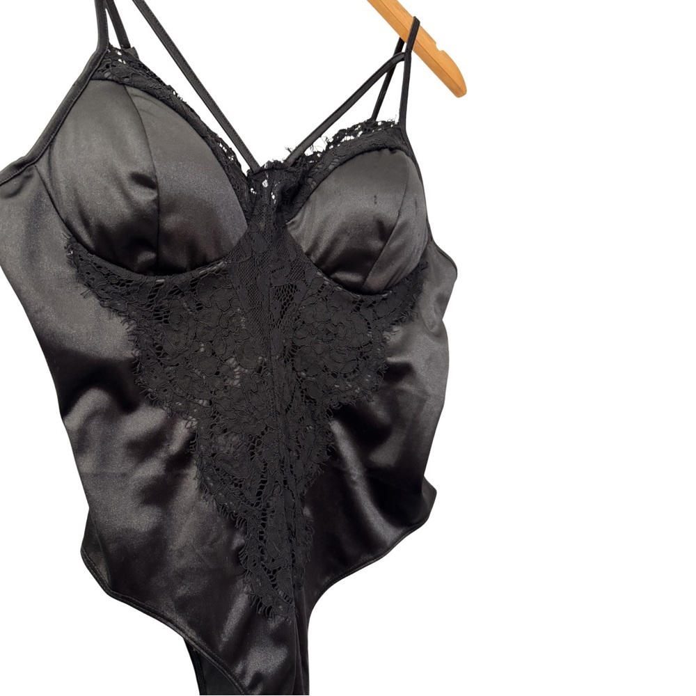 Charlotte Russe Womens Black Satin & Lace Bodysuit, Thong Size L, y2k whimsigoth